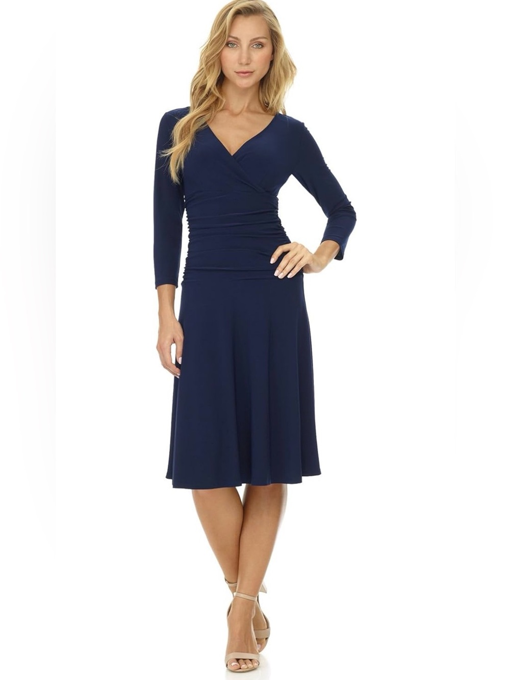 Women's Navy Faux-Wrap Midi Dress with Ruched Waist